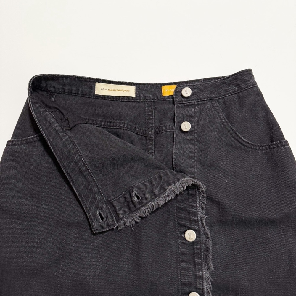 Anthro Pilcro Black Wash Fringe Trim Asymmetric Button Front Jean Skirt - Picture 6 of 12